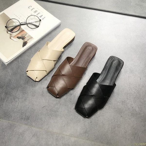 

ladies's summer square head mules female's leather flat bottom leisure beach sandals women's fashion chain slippers, Black
