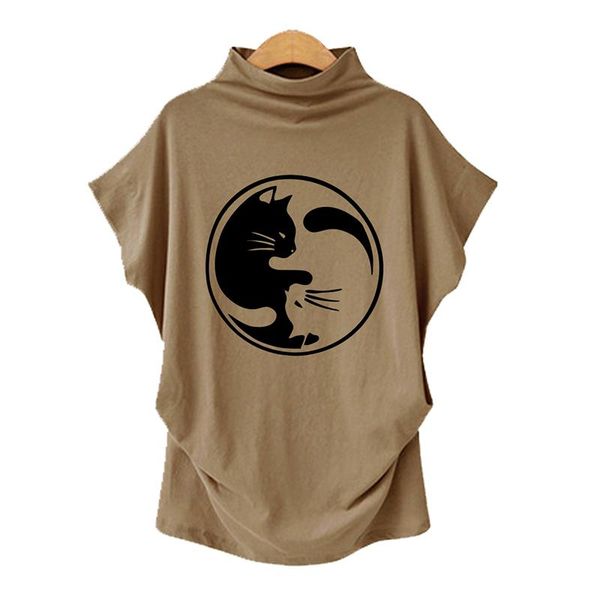 

women's t-shirt vicabo high collar tshirt for woman 2021 female cat print large sleeve ladies casual tess shirts plus size, White