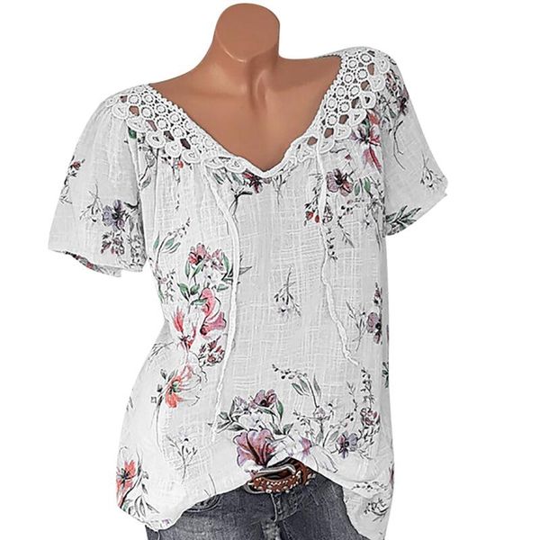 

women's blouses & shirts casual flower printed blouse womens and 2021 feminine v-neck short sleeve for women fashion blusas, White