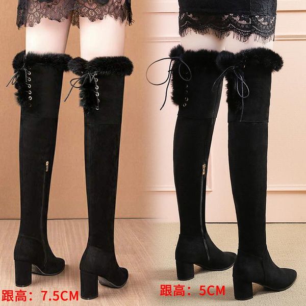 

boots long over the knee-high thigh knight for women suede flock high heels zip fur motorcycle botas mujer winter shoes, Black