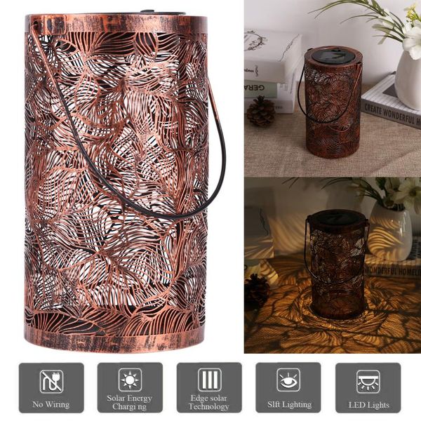 

solar lamps lantern outdoor, retro metal powered led hanging lights with handle, waterproof, leaf pattern for garden decorative
