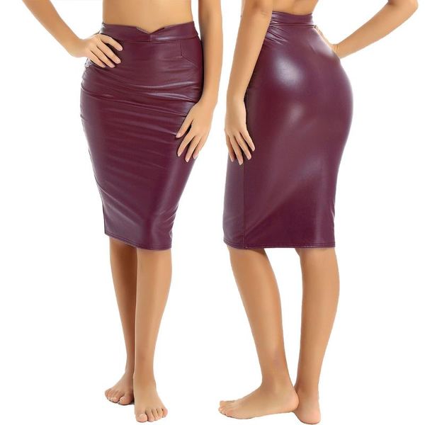 

skirts fashion womens casual pu leather thin velvet lining high waist knee length bodycon midi skirt pencil clubwear mini, Black