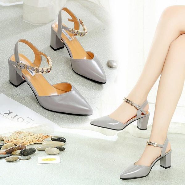 

sandals women's mid-heel women buckle pointed toe comfortable thick-heeled hollow high heels, Black