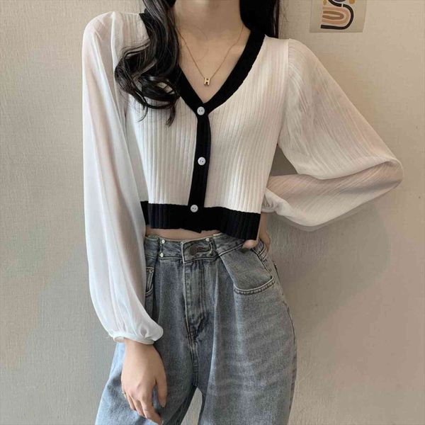 

knitted thin cropped shirts women sweaters girls patched chiffon full lantern sleeve cardigan crop female, White;black