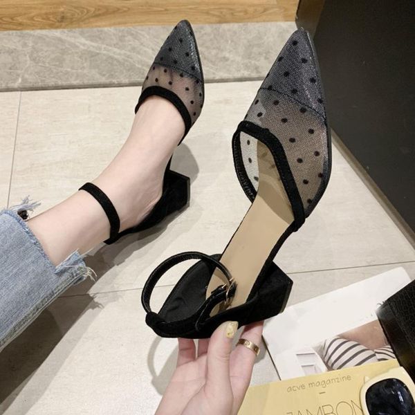 

dress shoes women pumps female mesh pointed toe polka dot ankle buckle strap breathable high heel casual ladies footwear, Black