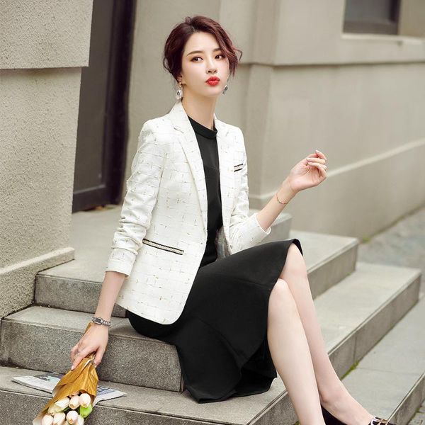 

women's suits & blazers women single button vintage slim long sleeve casual outerwear s-4xl chic black white plaid coat, White;black