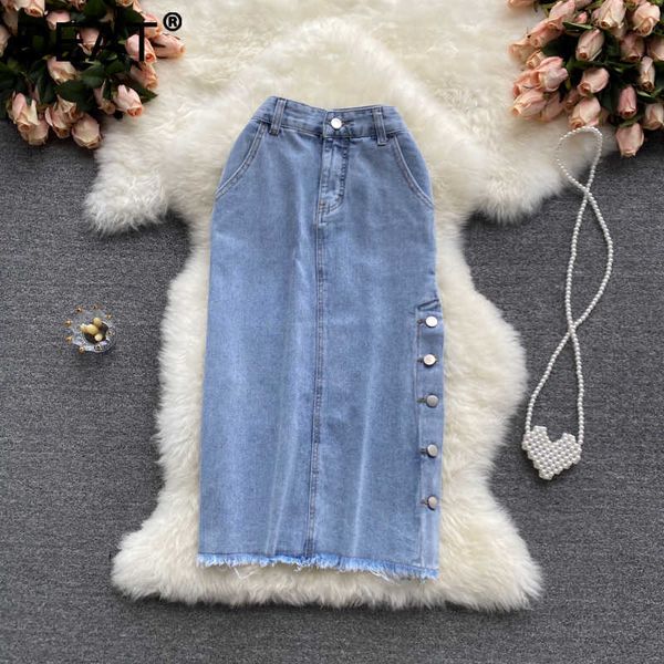 

deat women split burrs denim blue midi-long skirt arrivals high waist temperament fashion spring summer 11d1167 210709, Black