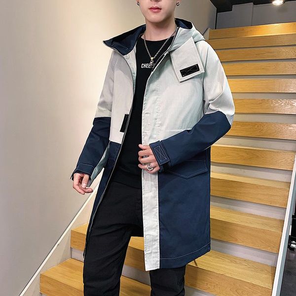 

men's trench coats plus size 8xl- men patchwork hooded coat mens autumn slim fit windbreaker long jacket streetwear casual fashion mal, Tan;black