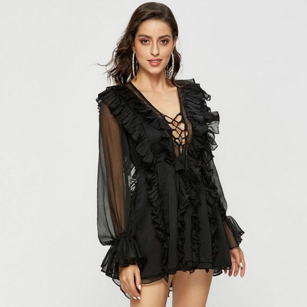 

casual dresses women long sleeve deep v-neck perspective hollow out dress autumn 2021 beach a-line mini black ladies, Black;gray