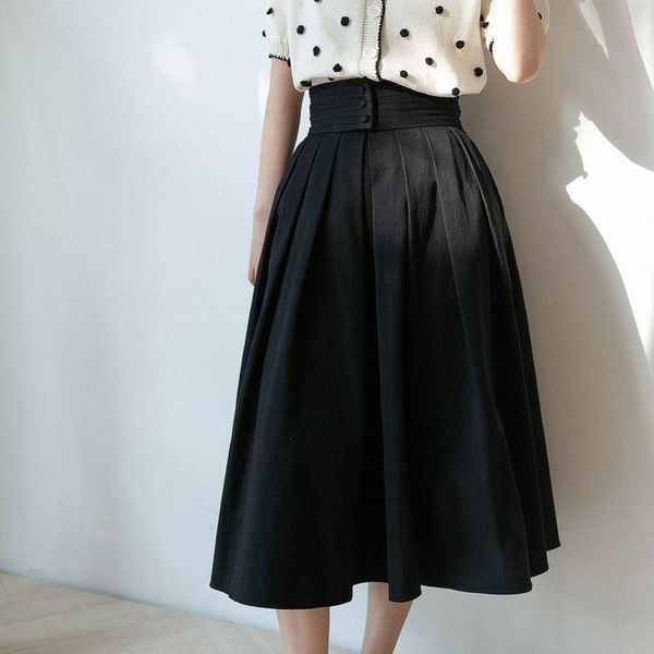 

skirts buttons high waisted elegant skirt casual pleated a-line faldas mujer moda korean fashion office lady mid-calf medieval, Black