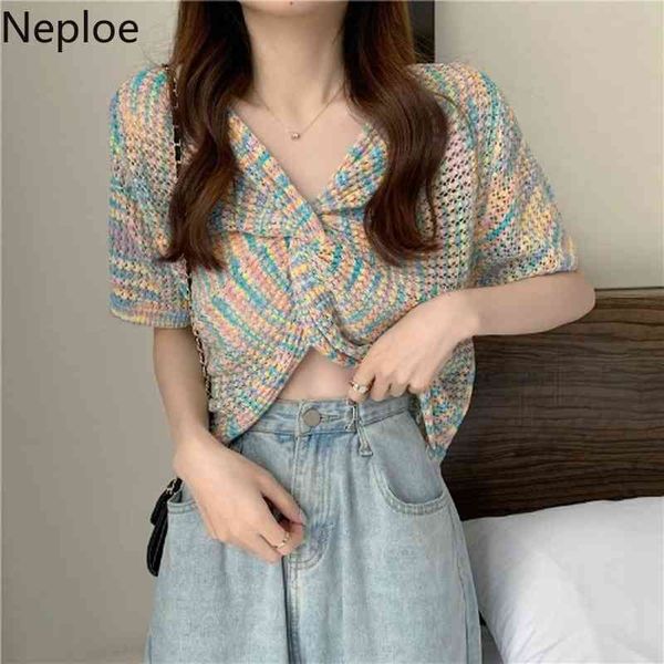 

neploe knitted pullover fashion cropped korean short sleeve hollow out thin sweater twisted v-neck rainbow women clothing 210422, White;black