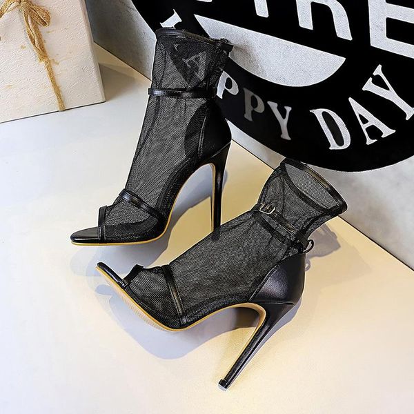 

summer high heels mesh hollow women's boots transparent nightclub peeping toes hasp sandals breathable black shoes