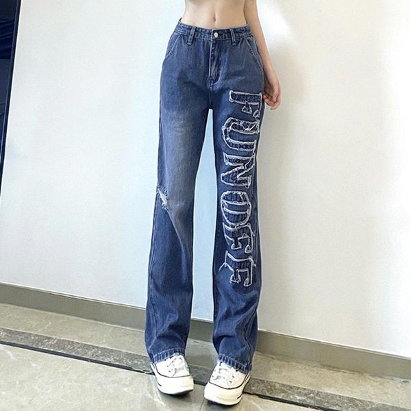 

women's jeans korean fashion straight women letter embroidery cute denim trousers street style low waist streetwear cargo pants, Blue