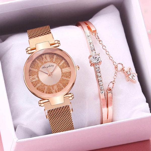 

wristwatches women magnetic starry sky roma bracelet watch set luxury ladies stainless steel quartz wrist watches relogio feminino, Slivery;brown