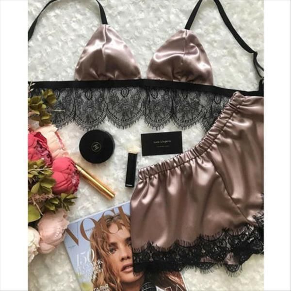 

uk satin lace babydoll women sleepwear lingerie nightwear shorts robes pjs pyjamas set, Black;red