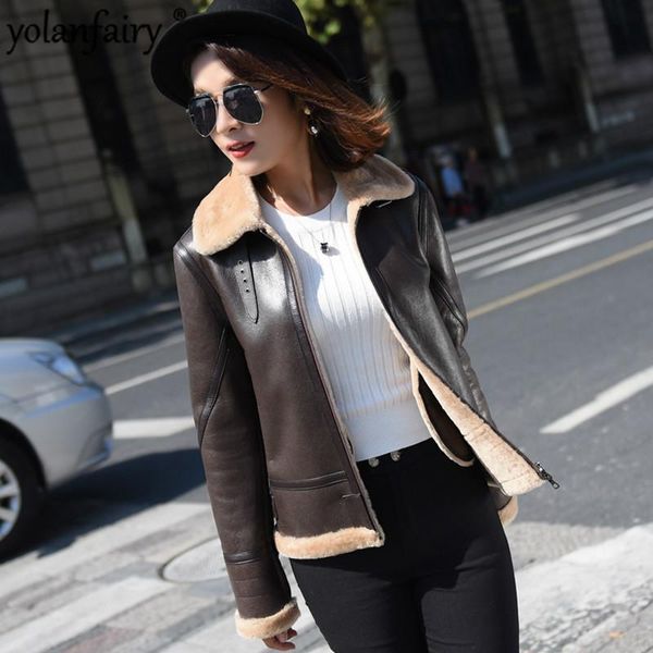 

women's fur & faux real coat women winter genuine leather shearling jacket short wool coats abrigos mujer invierno 2021 ll0029 kj3133, Black