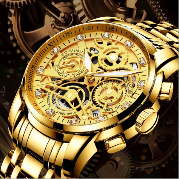 

Men Wristwatches Luxury Top Brand Gold Watch Stainless Steel Big Male Wristwatch Yellow Quartz Sports Watches for Man, Slivery;brown