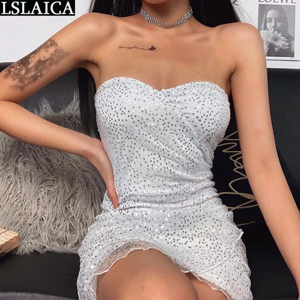 

fashion dress women strapless summer sequin patchwork elegant mini casual evening party backless female 210520, Black;gray