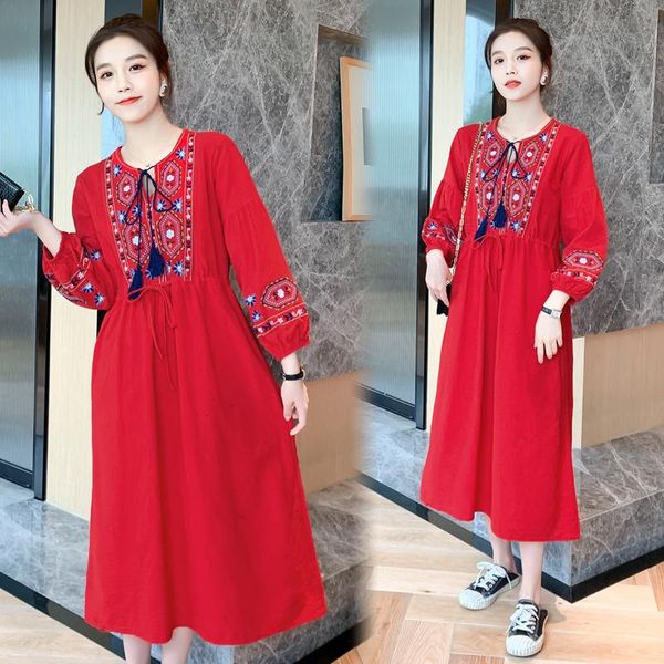 

maternity dresses 9390# clothes spring autumn long sleeve easy matching loose embroidery dress for pregnant women pregnancy, White