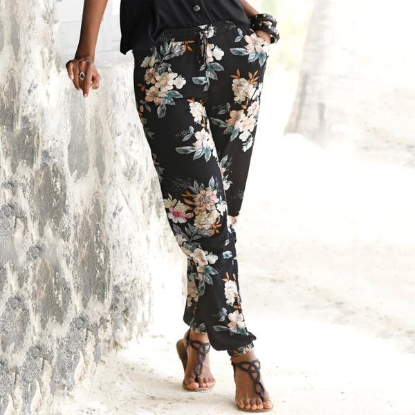 

women's pants & capris women floral print long boho beach pockets lounge trousers elastic waist vintage loose straight female 40#, Black;white