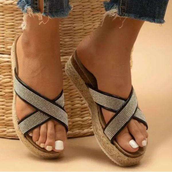 

slippers 2021 womendiamond cross flat sandals thick bottomed versatile holiday fashion for womensandals shoes 6kf200, Black