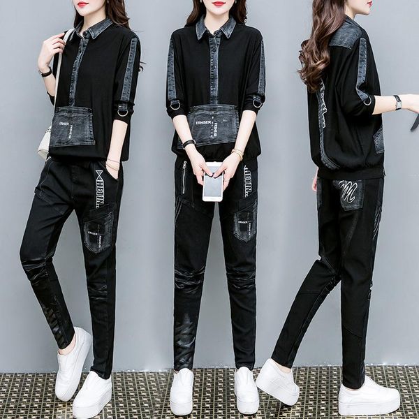 

women's two piece pants large size fashion denim stitching jacket+ harlan jeans loose hip-hop suits female autumn plus two-piece outfit, White