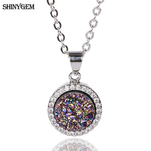 

shinygem fashion 13mm round natural crystal druzy pendant necklaces pave silver plated rhinestone gem stone for women