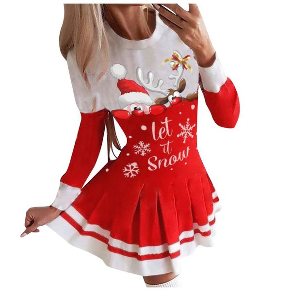 

casual dresses women christmas striped print mixed dress long sleeve round neck pullover santa claus snowflake party vestidos, Black;gray