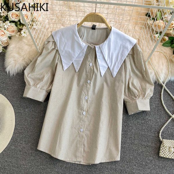 

kusahiki puff sleeve women shirts causal hit color peter pan collar blouse summer blusas camisas de mujer 6j083 210602, White