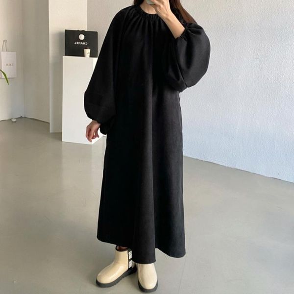 

casual dresses korean fashion retro design drawstring loose women dress 2021 autumn solid color round neck long sleeve simplicity, Black;gray