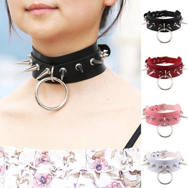 

harajuku gothic rivet choker necklace for women nightclub party halloween o pendant leather collar punk chokers, Golden;silver