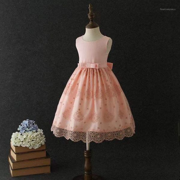 

girl's dresses flower girls dress illusion o-neck sleeveless lace tulle bow embroidery knee-length luxury purple kids party princess go, Red;yellow