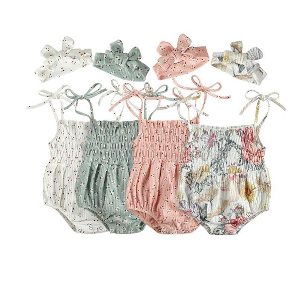 

rompers born baby girls strap sleeveless romper floral print lace-up bodysuit jumpsuit with headband summer outfits 0-24m, Blue