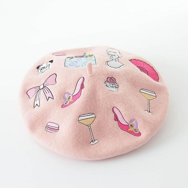 

berets 2021 european pattern embroidery winter knitted wool beret painter hat personality warm high heels embroidered cap, Blue;gray
