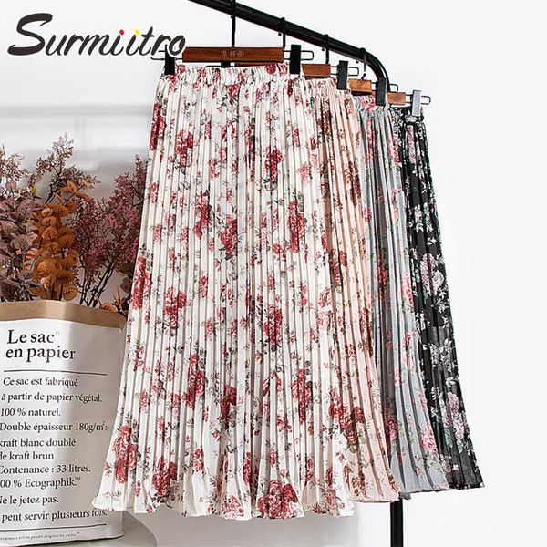 SURMIITRO Gonne lunghe bohemien Donna Estate stile coreano Bianco Nero Stampa floreale Vita alta Gonna lunga plissettata da sole Donna 210712