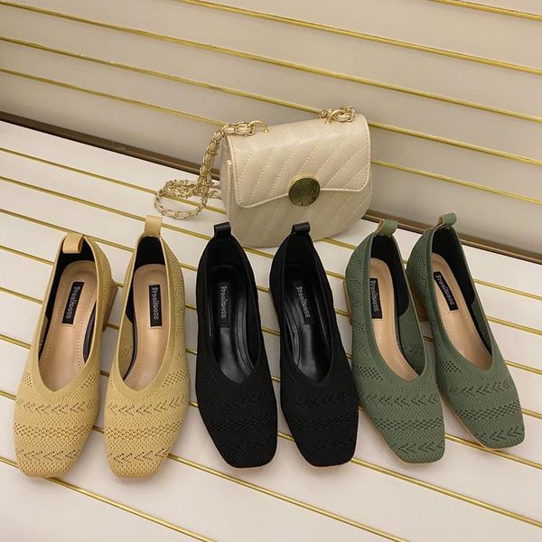 

dress shoes ladies sapato pumps feminino breathable knitted v square toe moccasins loafers stretch women med heels (3cm-5cm), Black