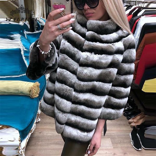 

women's fur & faux 2021 women natural real rex coats good quality genuine chinchilla color jacket collar, Black