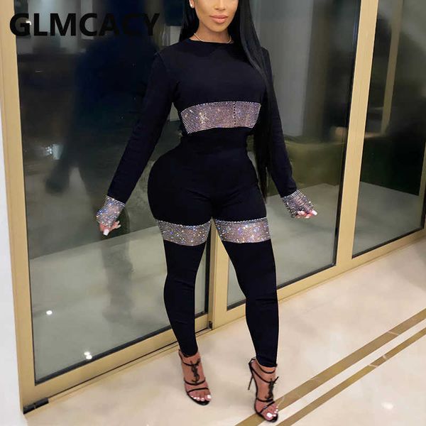 

womne long sleeve diamond embellished jumpsuit casual slim party overalls jumpsuits 210702, Black;white