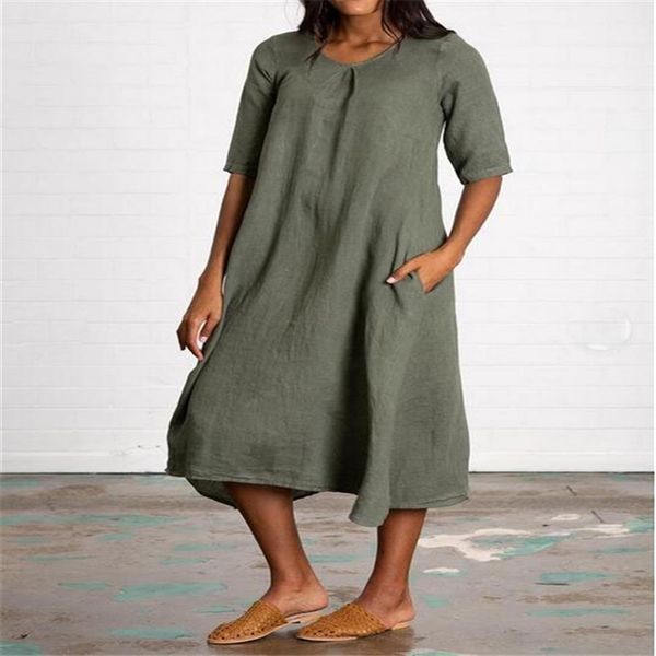 

sma 2020 plus size es women'ssolid large pocket and 2020 women'ssolid large pocket cotton and linen dresscotton linen dress