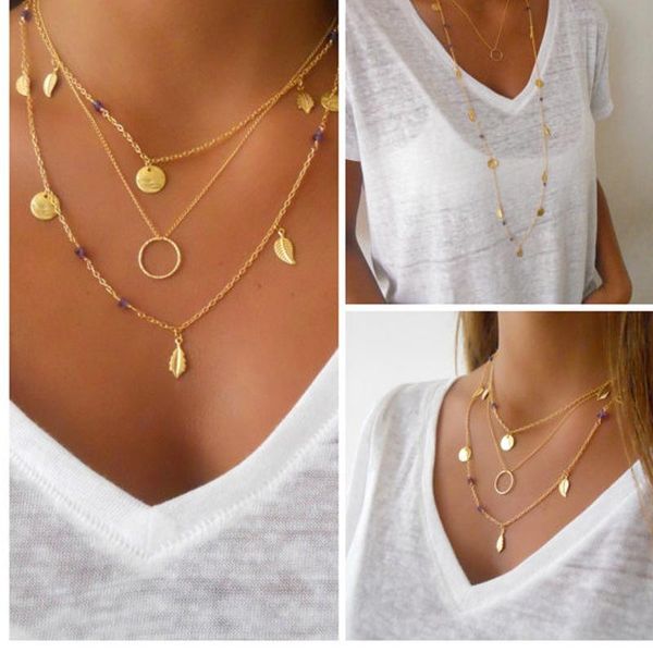 

pendant necklaces popacc silver color chain leaves multi layer necklace for women collier femme fashion jewelry 2021 gold