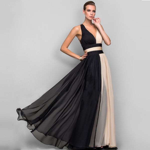 

dress v-neck sleeveless color matching long skirt women s clothing, Black;gray