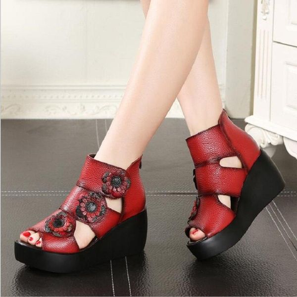 

sandals ethnic style genuine leather high heel platform women lady wedges nice summer shoes 1h23, Black