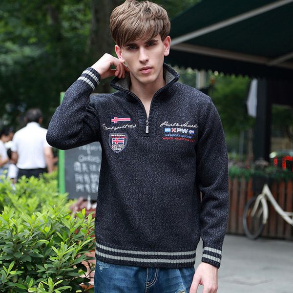 

tee 2021 autumn and winter new men's stand collar embroidered wool veet thickened warm youth sweater men, White;black