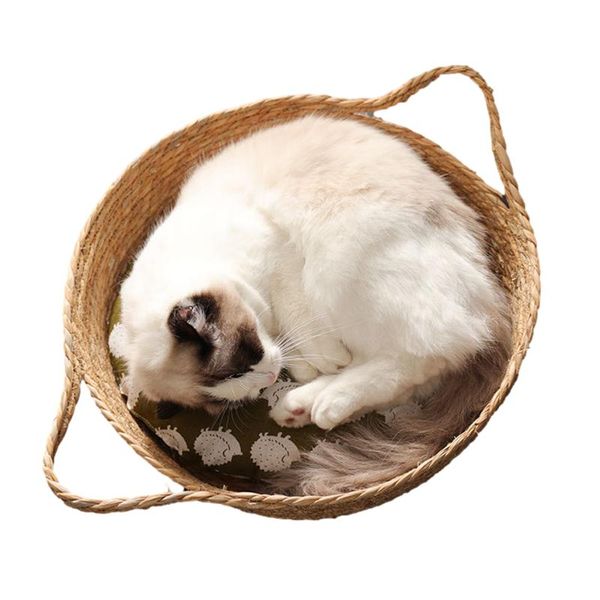 

cat beds & furniture hand knitted cotton round bed basket nest rope woven warm pet sleeping house scratching mat pad villa for small dogs