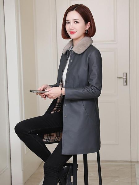 

women's leather & faux autumn and winter collar detachable light down jacket women's medium long sheepskin, Black