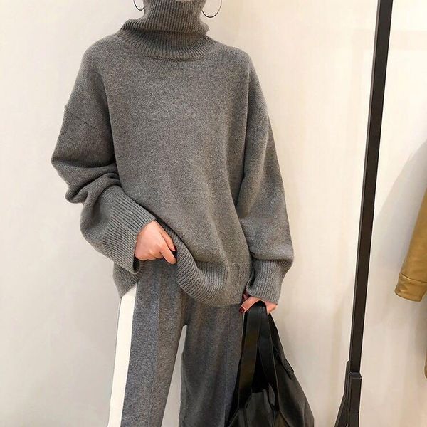 

women's two piece pants set women leisure style oversized turthneck sweater + wide leg pant korean grey 2 black suit, White