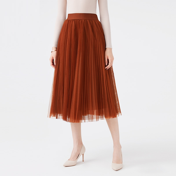 

skirts fall winter caramel deep orange skirt england preppy style elastic waist two layers mesh accordion pleated long, Black