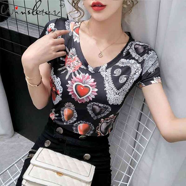 

women's t-shirt summer korean clothes slim fashion print love women casual bottoming shirt all match tees t13928a 6jwn, White