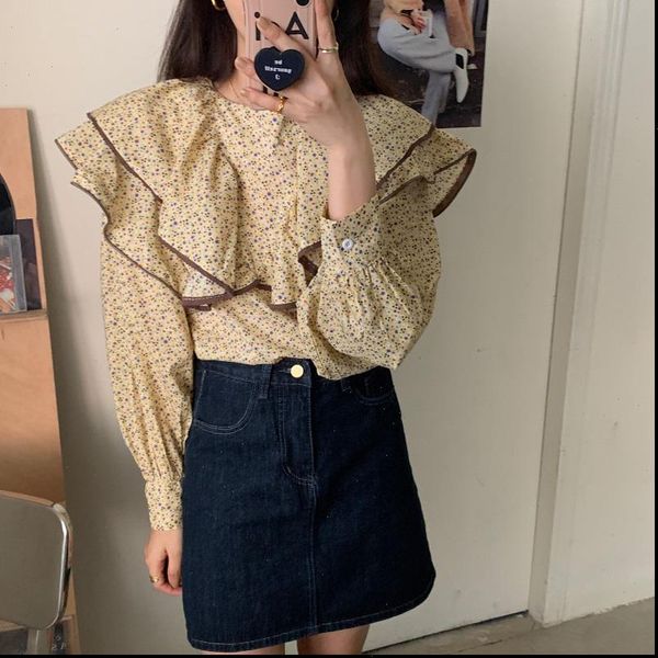 

womens shirt korea o neck sweet loose printing butterfly fashion puff sleeve casual women all match female, White