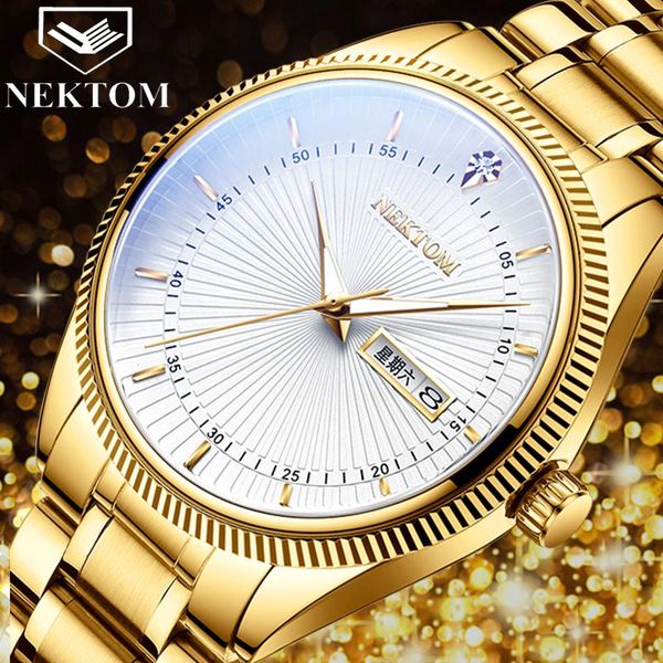

wristwatches nektom men sports fashion watch male casual full steel date men's quartz watches relogio masculino, Slivery;brown
